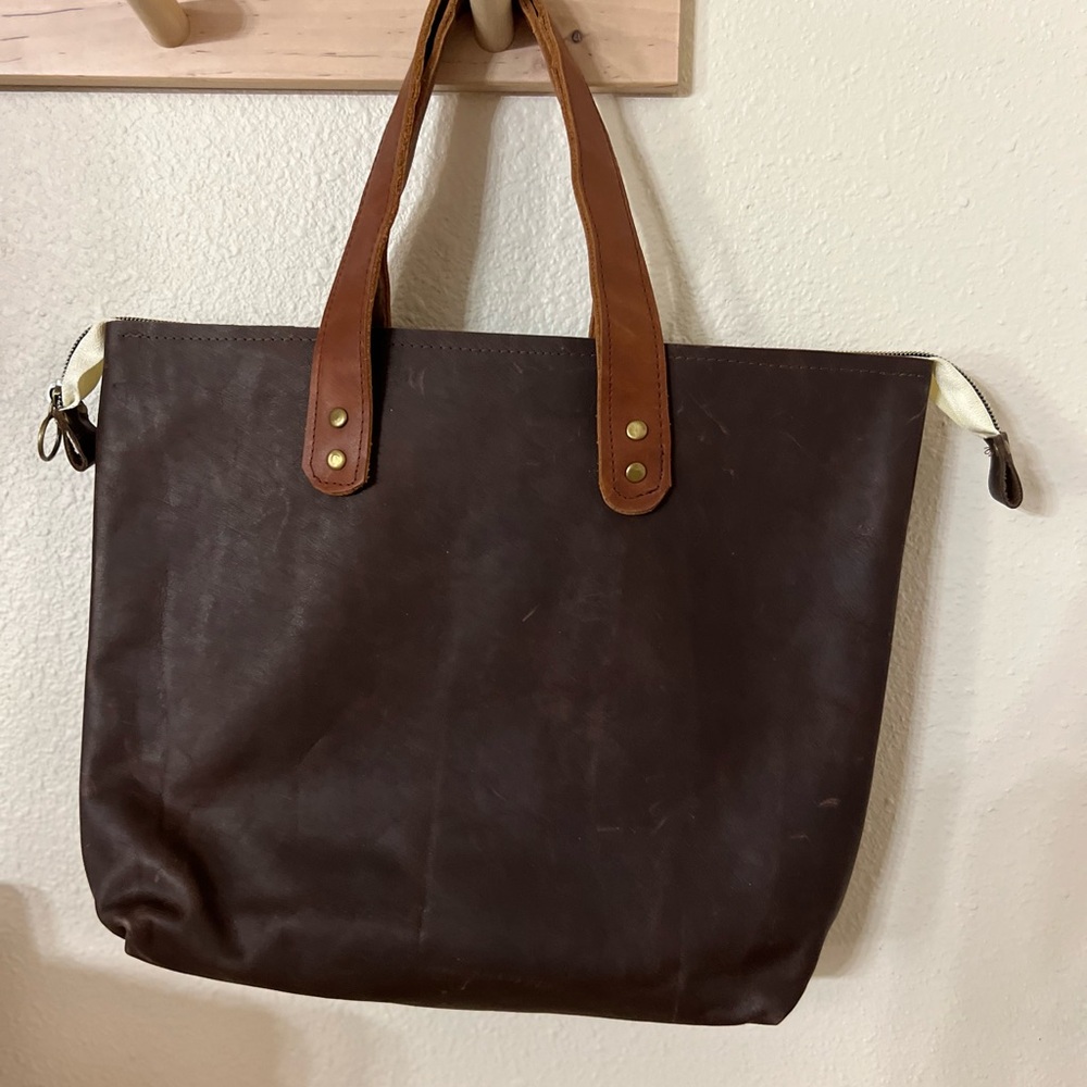 Dark Brown Leather Tote with Tan Handles